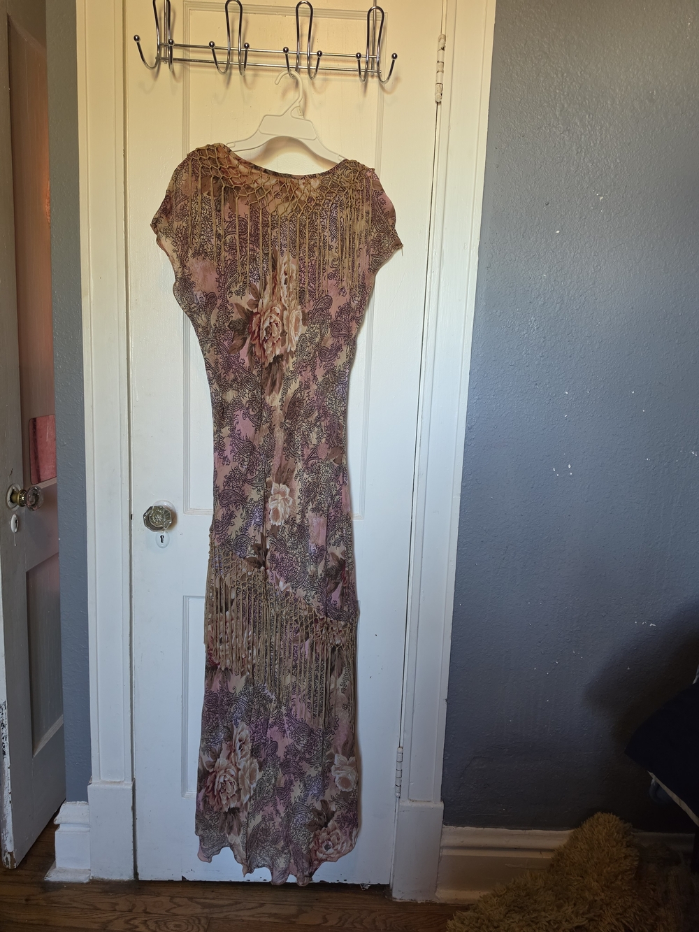 Floral Fringe Maxi Dress in Mauve and Taupe